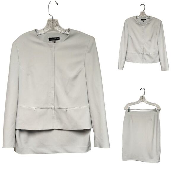 Halston 2PC Single Breasted Long Sleeve Skirt Suit Color Blue Size 12 - Picture 1 of 9